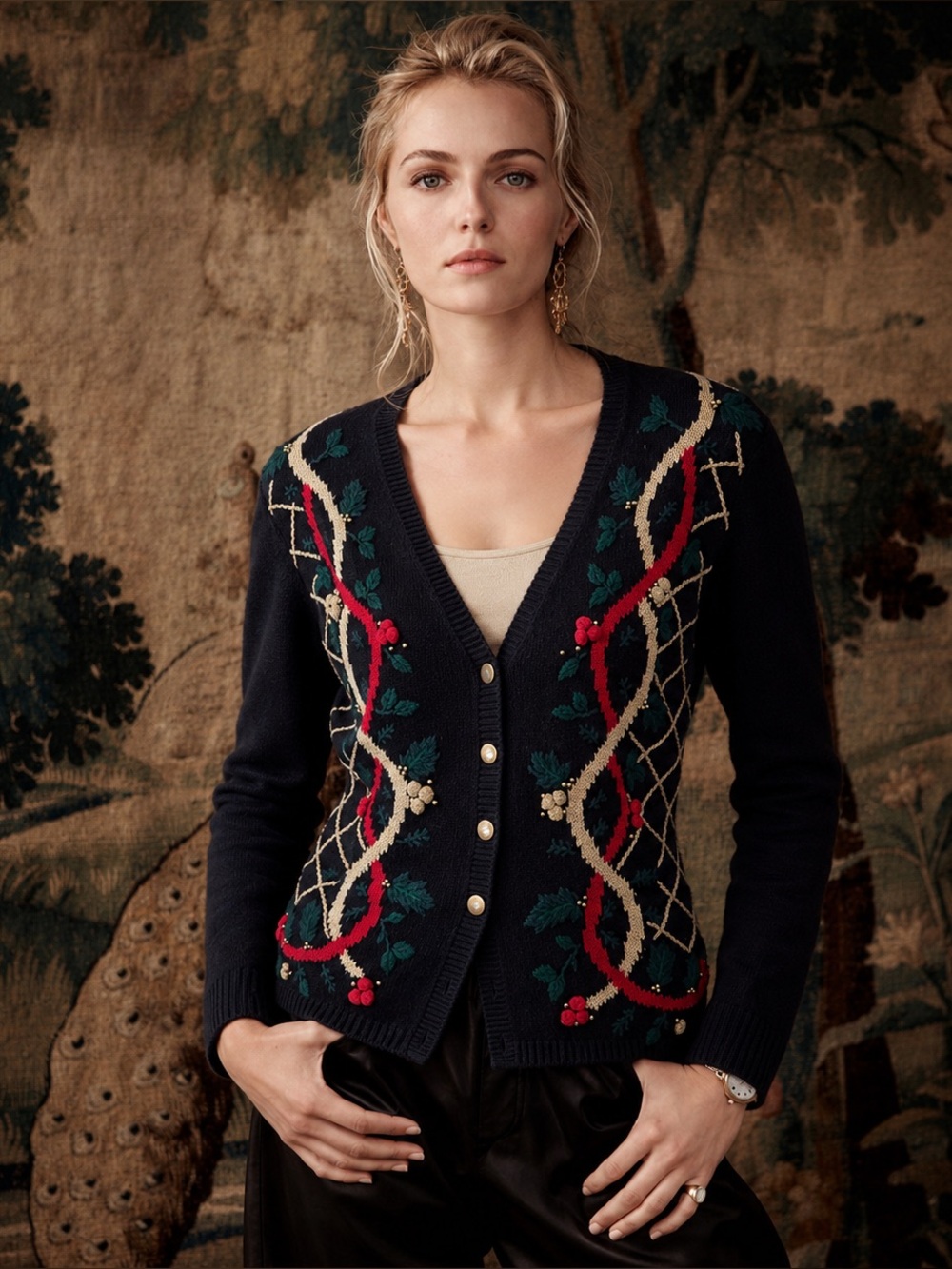 VTG 90s Dress Barn Embroidered Holiday Christmas Cottagecore Cardigan Sweater, M